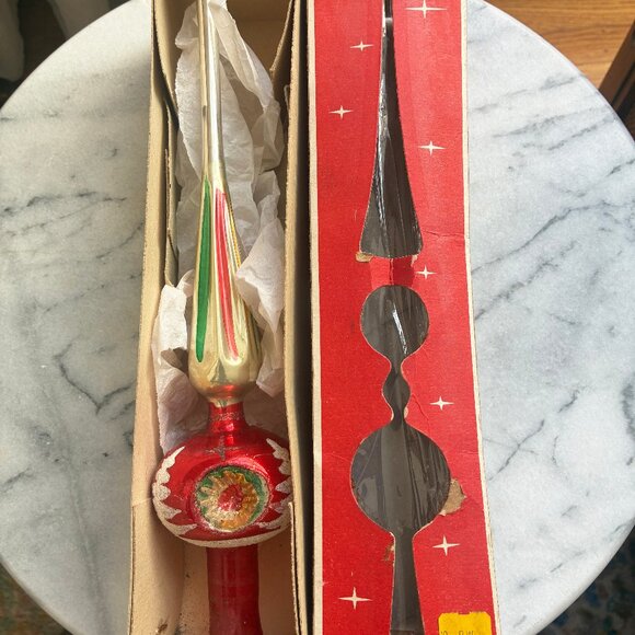 Vintage Poland Indent Red Silver 11" Glass Christmas Tree Topper Feather Medium - Picture 3 of 10